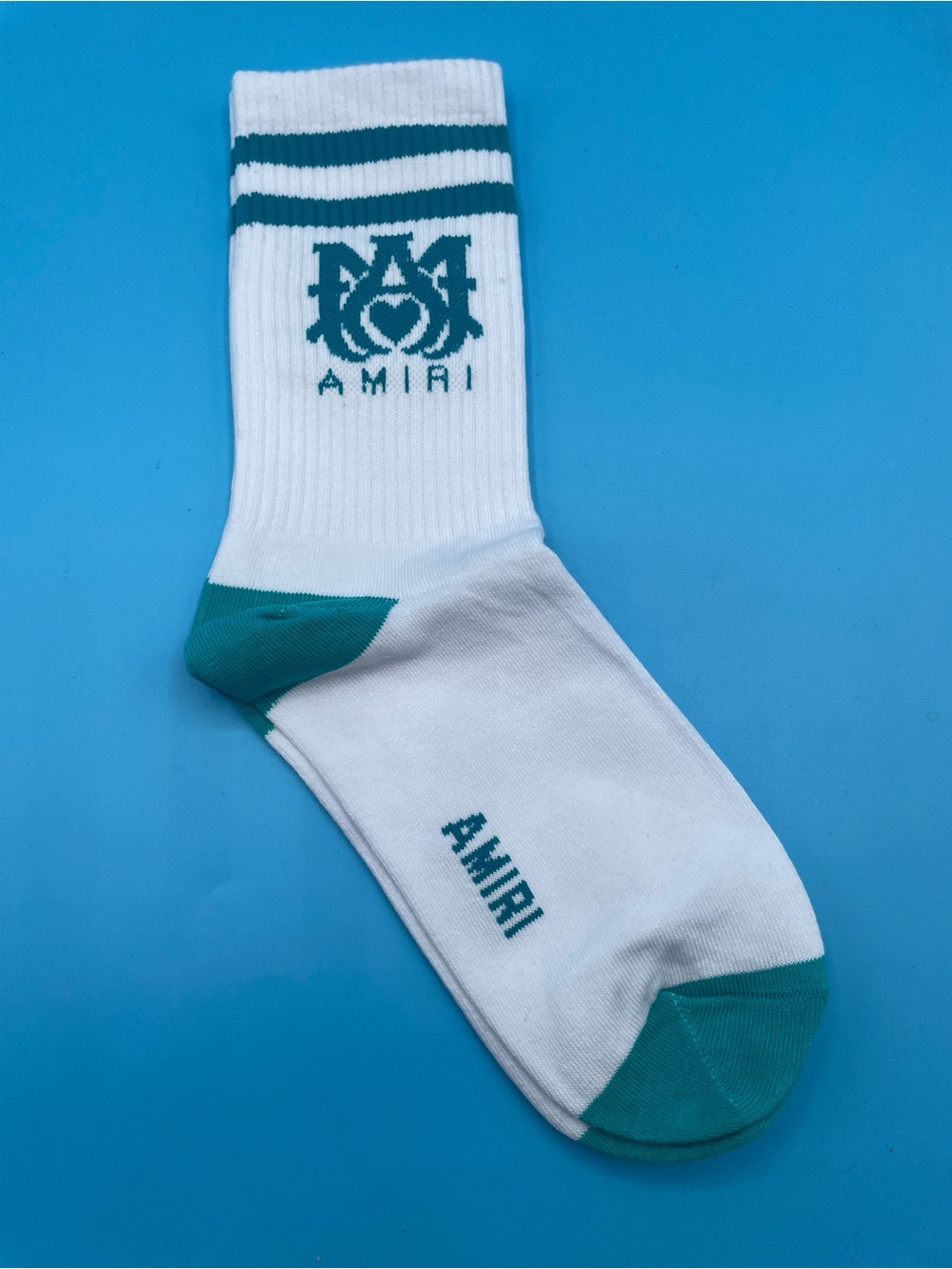 2 Pack AMIRI White Crew Socks with Teal Logo and Accents - Picture 3 of 3